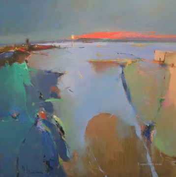 海の風景 Painting - 湖の抽象的な海の風景に沈む夕日